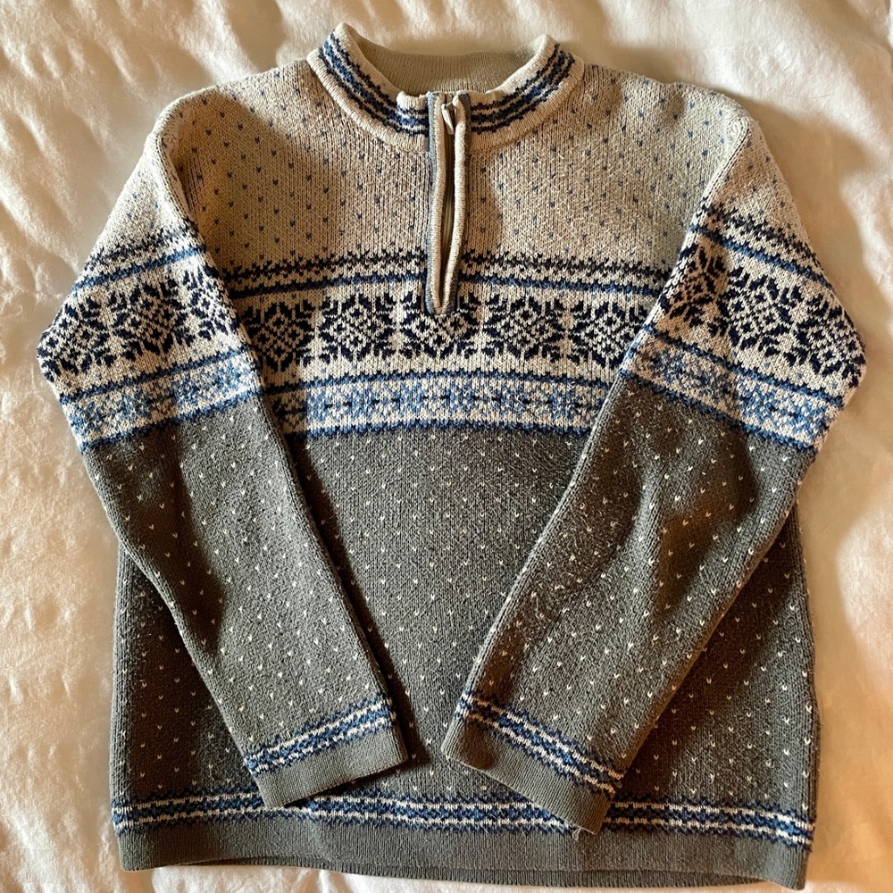 Hanna Andersson Gray and Blue Snowflake Quarter Zip Norwegian Sweater